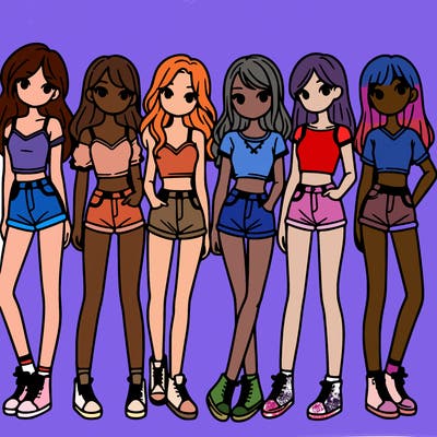 a group of girls wearing crop tops and shorts