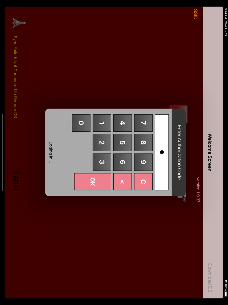 BIM PAD - Pantalla de bienvenida de la aplicación BIM PAD con un teclado numérico para ingresar un código de autorización.