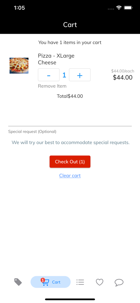 Pantalla del carrito de la app Moes Pizza que muestra un pedido de pizza de queso y el botón de pago.