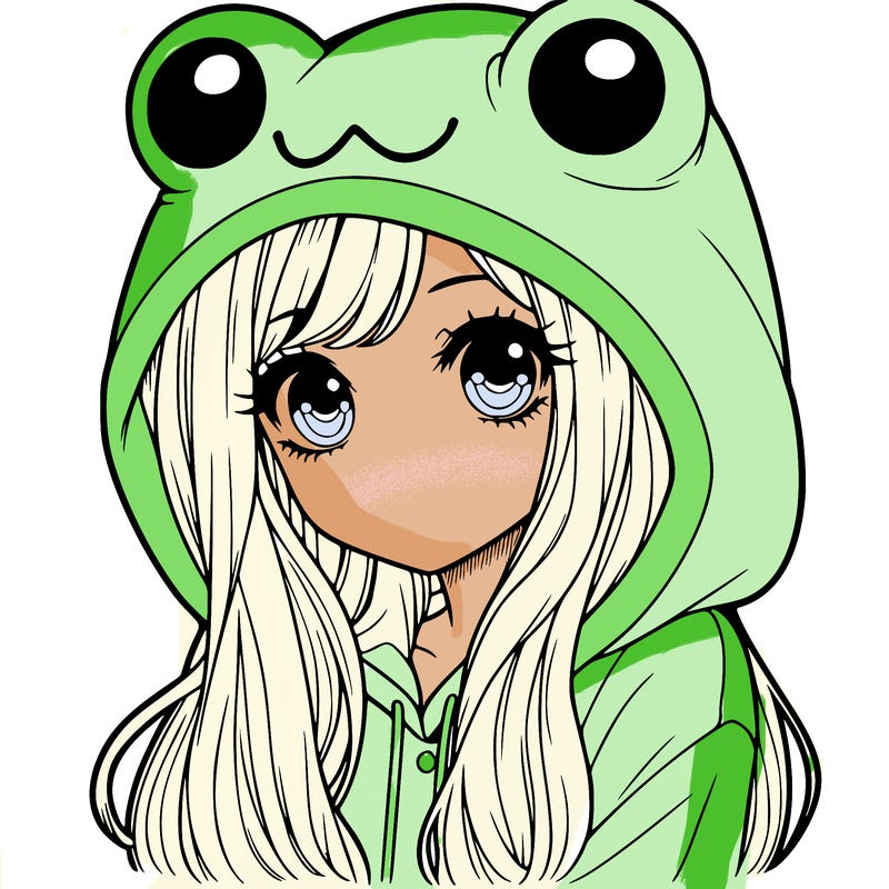 a pretty girl wearing a frog hoodie portrait with long hair