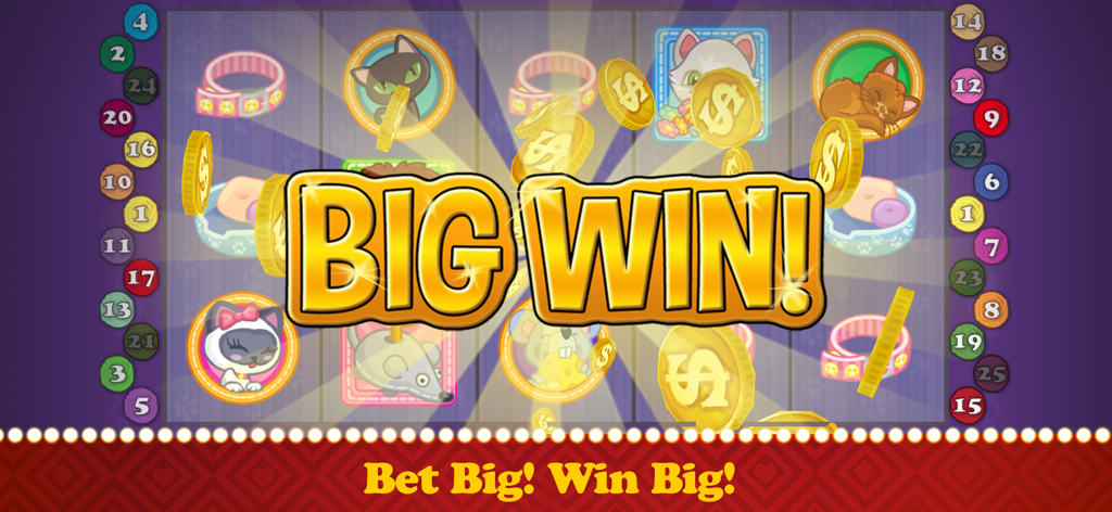 Schermata di un gioco di slot mobile che mostra una notifica di "Big Win" con icone di gatti e monete d'oro che cadono.