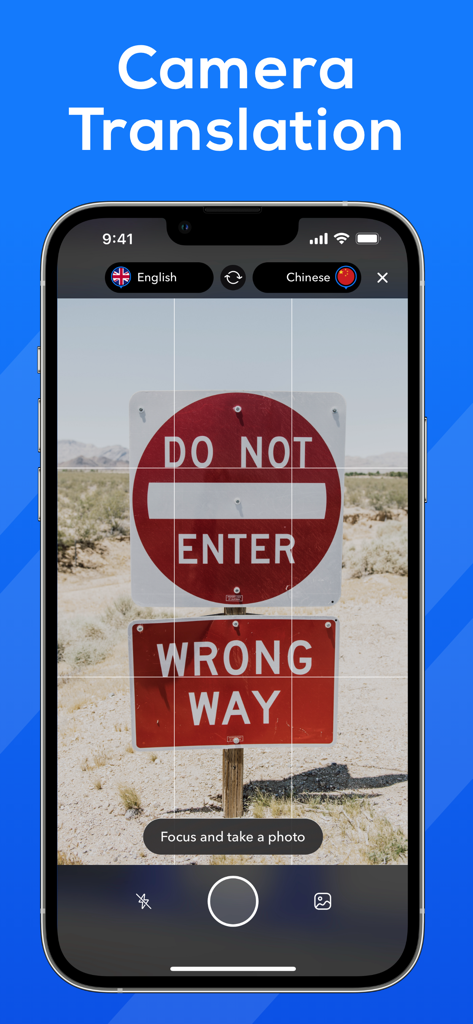Translator : Translate Voice - Pantalla de iPhone mostrando la función de traducción por cámara traduciendo una señal de 'Prohibido el paso'.