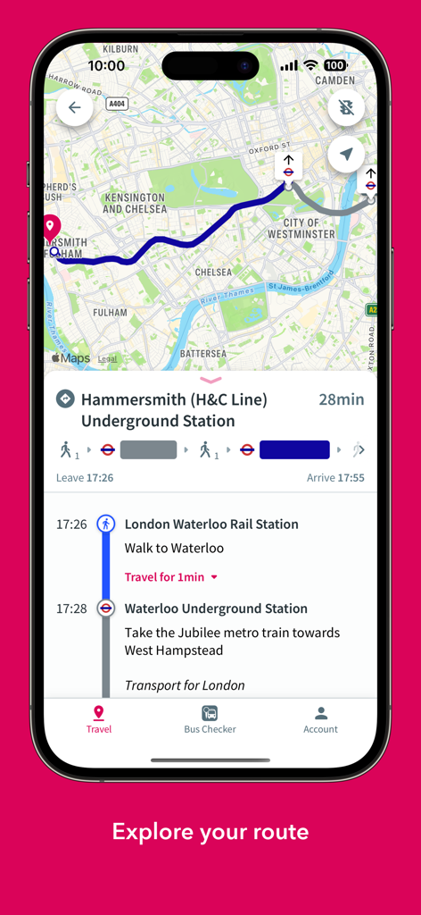 London Bus Checker - London Bus Checker app interface showing a mapped transit route from Hammersmith to Waterloo with step by step instructions
