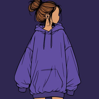 realistic girl with a oversized sweatshirt on and a bun