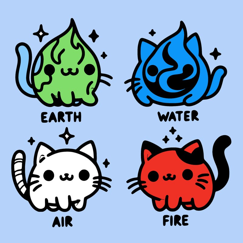 4 cats that represent the different elements, earth, water, air, and fire