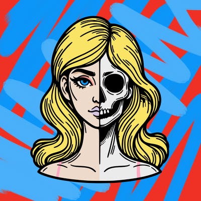 bust of a woman, half face and hair, half skull