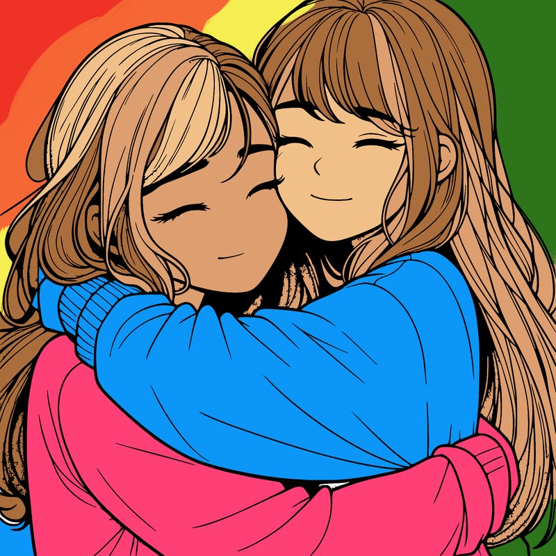 realistic two girls hugging