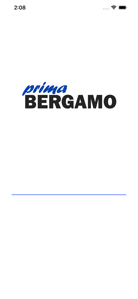 prima Bergamo - Splash screen of the prima Bergamo news app displaying the logo on a clean white background.