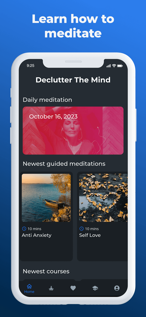 Declutter The Mind Meditation - iPhone screen displaying the Declutter The Mind app home page with daily meditation and guided sessions in dark mode.