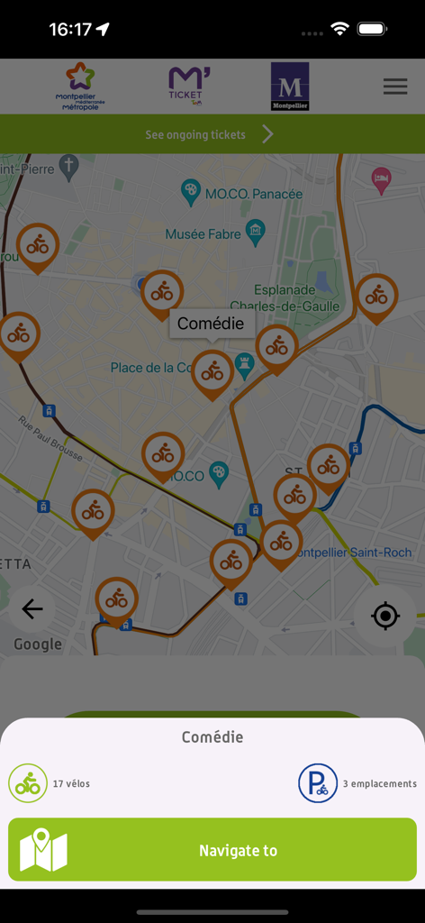 M'Ticket - Ticket mobile TaM - M'Ticket app interface showing bike sharing locations and availability on a map of Montpellier