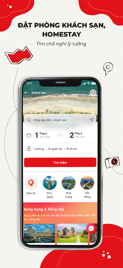 Sen Vàng Group - Interface do aplicativo móvel Sen Vang Group para reserva de hotéis e estadias em casa no Vietnã
