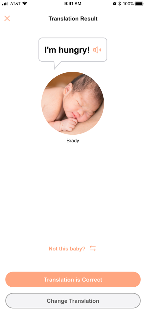 BabyTalk Translator - Interfaz de la app BabyTalk Translator mostrando un resultado de traducción que dice Tengo hambre para un bebé llamado Brady