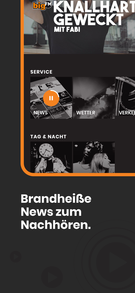 bigFM Radio - Interfaccia dell'app bigFM Radio che mostra riquadri di servizio per notizie, meteo e aggiornamenti sul traffico