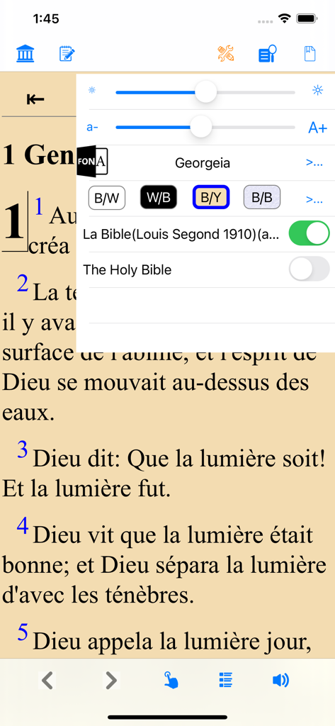 La Bible(Louis Segond 1910) - Settings menu in the French Bible app showing font and color customization options over Genesis text