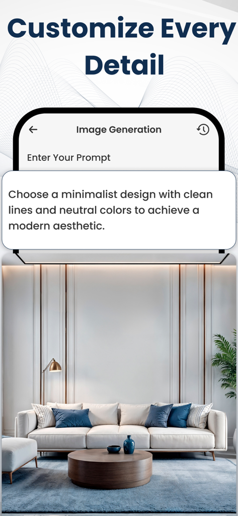 AI interior design app interface showing a text prompt for a minimalist living room with the resulting modern decor