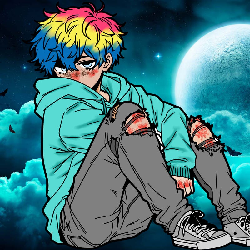 a male hoddie ripped jeans messy hair anime