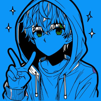 teenage manga boy in a hoodie, doing ✌