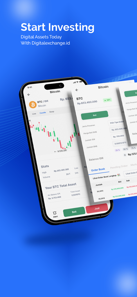 digitalexchangeid - IPhone screen showing Bitcoin price chart and crypto trading interface in the digitalexchangeid app