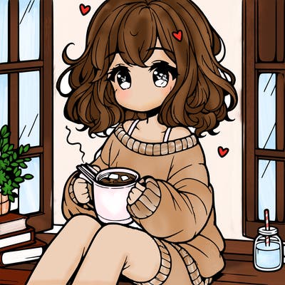 cute anime girl reading book and drinking hot chocolate from mug with loose wavy hair wearing a baggy sweatshirt and shorts sitting by windowsill looking out