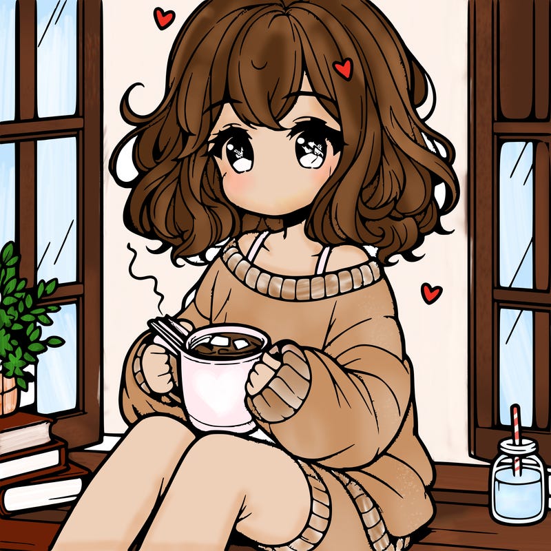 cute anime girl reading book and drinking hot chocolate from mug with loose wavy hair wearing a baggy sweatshirt and shorts sitting by windowsill looking out