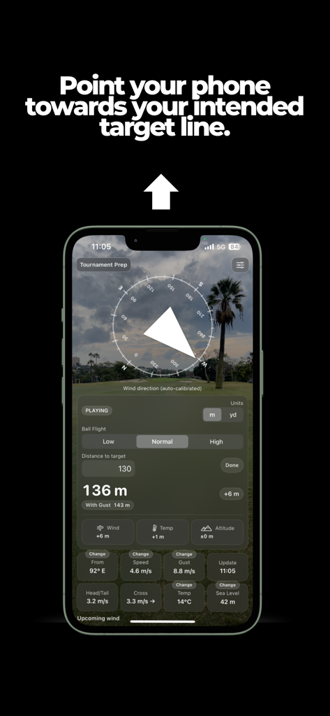 Tour Wind Golf app interface showing wind direction calibration and shot distance adjustment data.