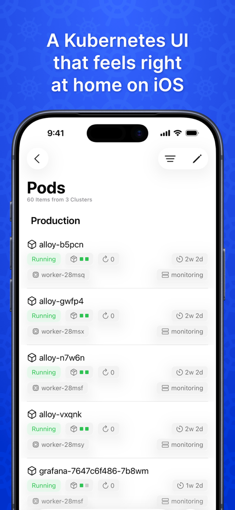Nautik for Kubernetes - Interfaz nativa de Nautik para Kubernetes que muestra la lista de pods en iPhone