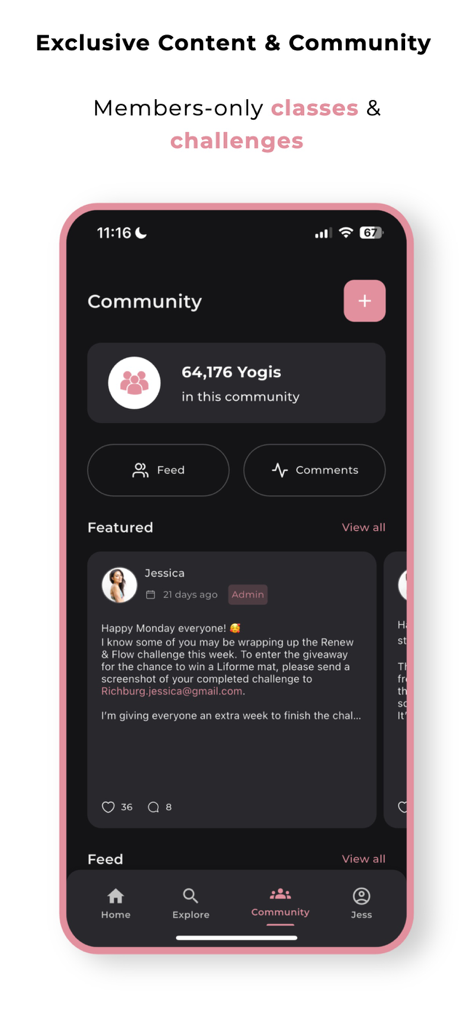 Screenshot of the community tab in the Jess Yoga app showing a feed with thousands of members and featured posts from the instructor.