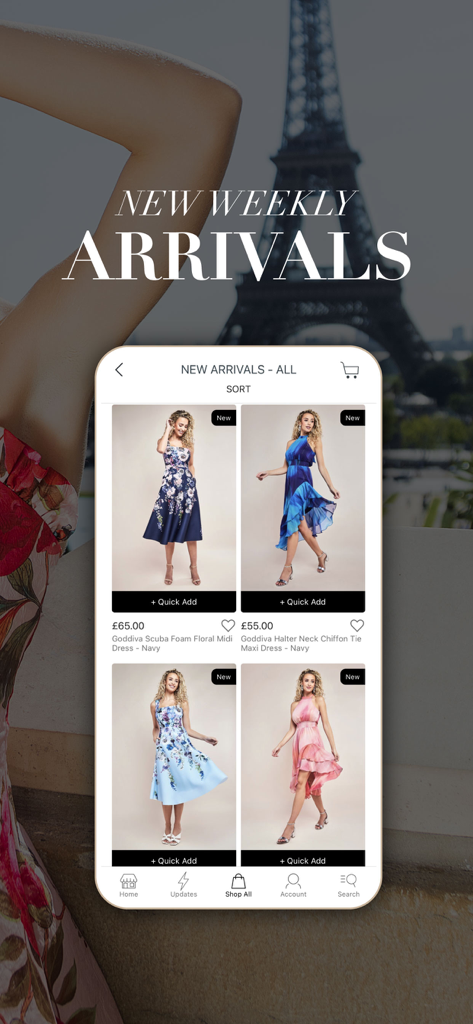 Interfaccia dell'app Goddiva che mostra la sezione dei nuovi arrivi settimanali con vari abiti floreali ed eleganti
