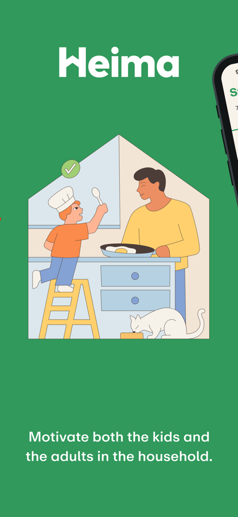 Heima - Chores Tracker - Illustration of a father and child cooking together in a kitchen showing family motivation for chores