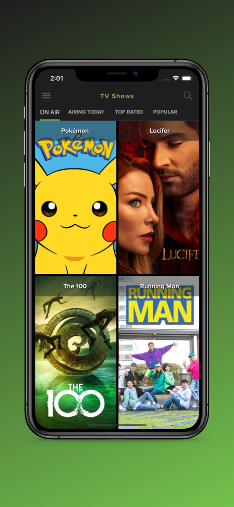 Interface of 123Play Pro app showing on air TV shows like Pokemon and Lucifer on an iPhone