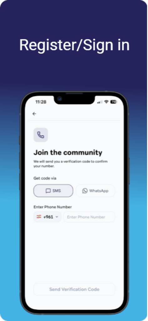 Qarib : Connect & Grow - Registration screen of the Qarib app where users can join the community by verifying their phone number via SMS or WhatsApp