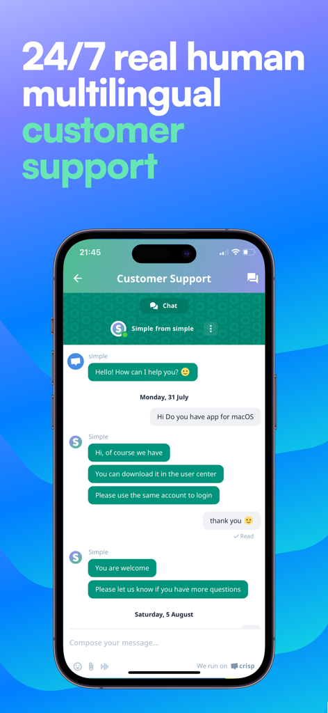 SimpleLink VPN - SimpleLink VPN live chat interface showing 24/7 real human multilingual customer support