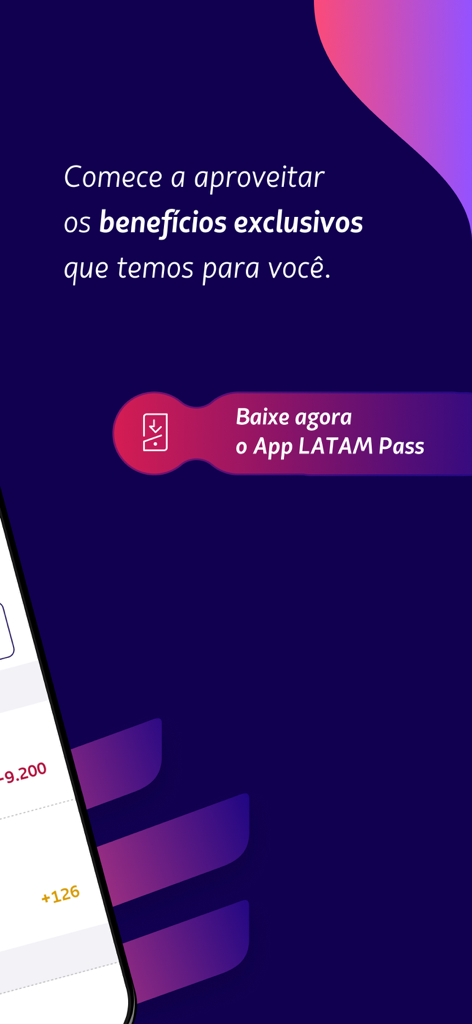 LATAM Pass - Promotional screen for the LATAM Pass mobile app featuring a call to action to download for exclusive travel benefits.