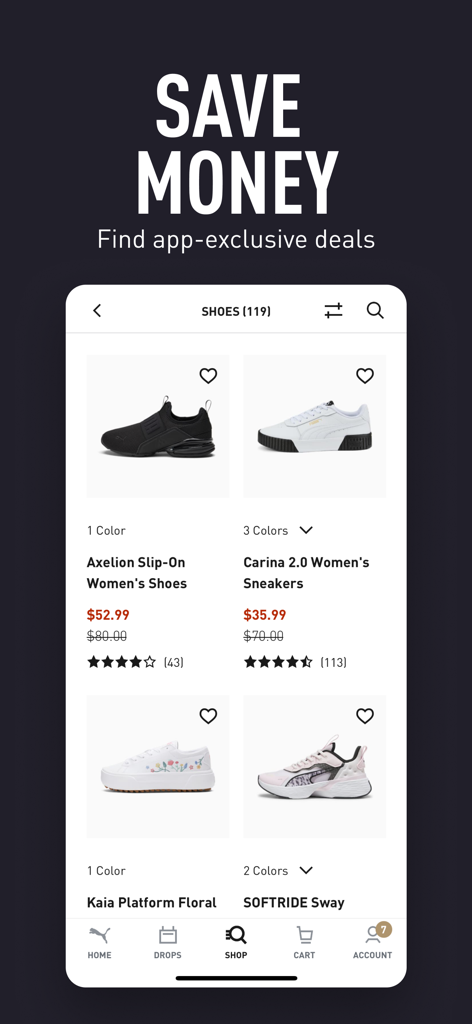PUMA | Clothes & Sneakers App - Schermata dell'app PUMA che mostra sconti esclusivi e saldi su sneaker da donna