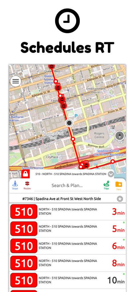 Real-time streetcar arrival times and live map for Toronto TTC transit.