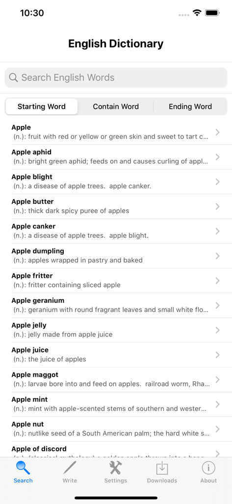 Tela de resultados de pesquisa do Dicionário de Áudio de Inglês mostrando uma lista de palavras que começam com 'apple' e definições simples.