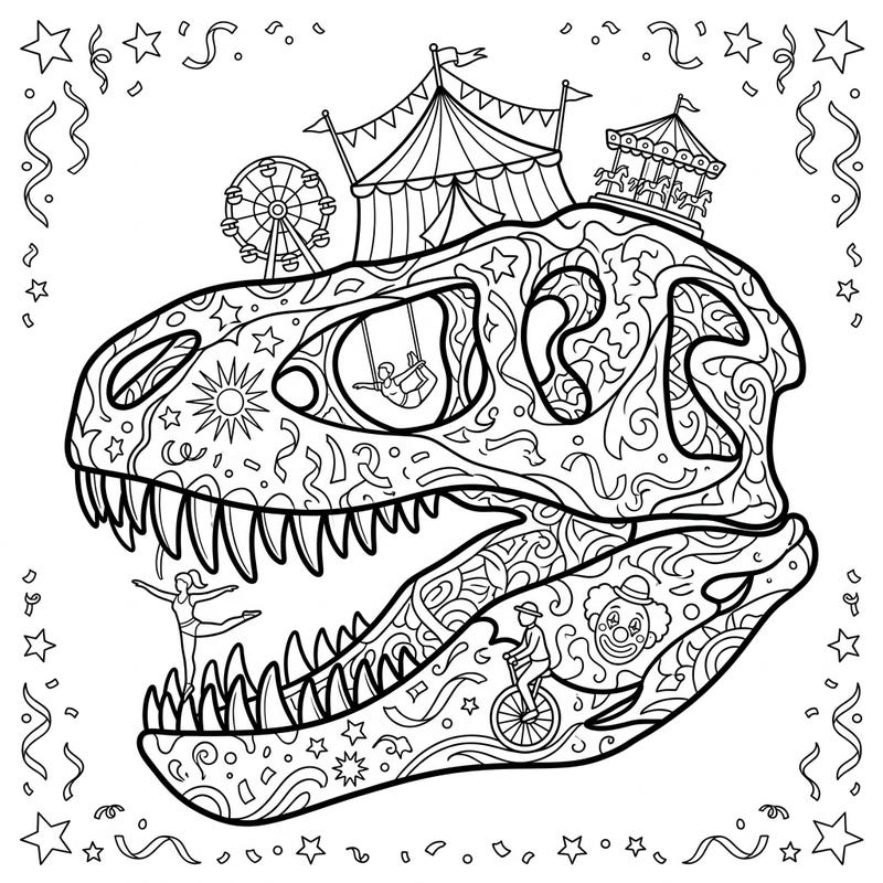 Prepare for a prehistoric party with this incredible T-Rex skull coloring page, reimagined as a vibrant carnival. It's a truly unique fusion of ancient history and thrilling circus spectacle, perfect for creative minds.