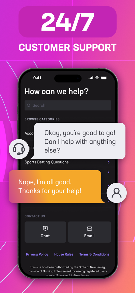 Hard Rock Bet sportsbook app screen showing 24/7 customer support options including live chat and email.