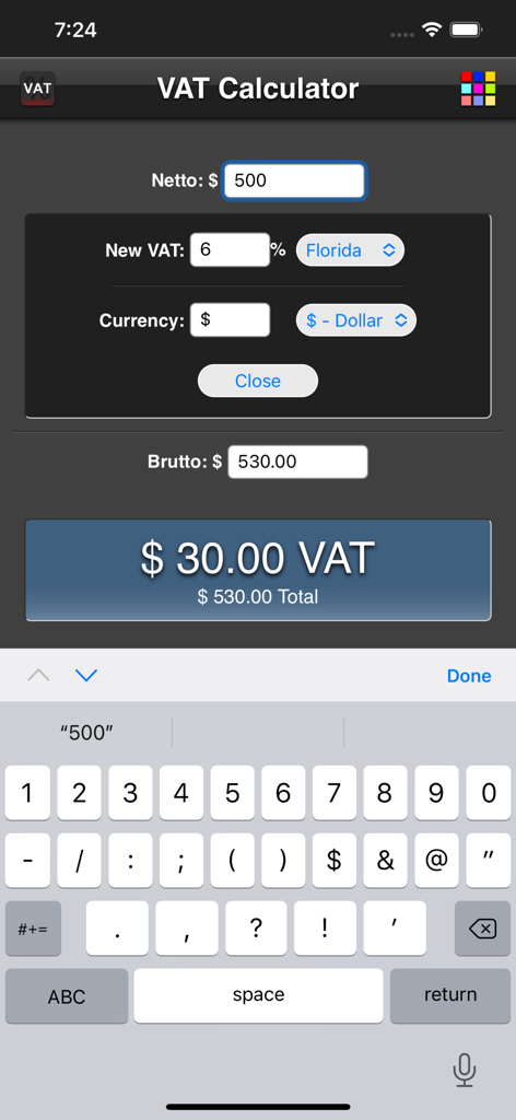 VAT Calculatorモバイルアプリのインターフェース。フロリダ州の売上税計算をしています。
