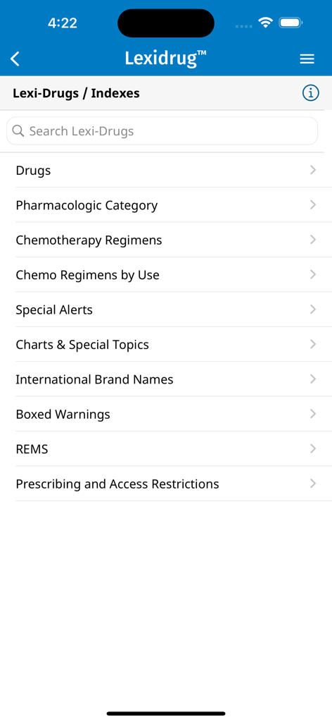 UpToDate Lexidrug mobile app screen showing the Lexi-Drugs indexes menu and search bar