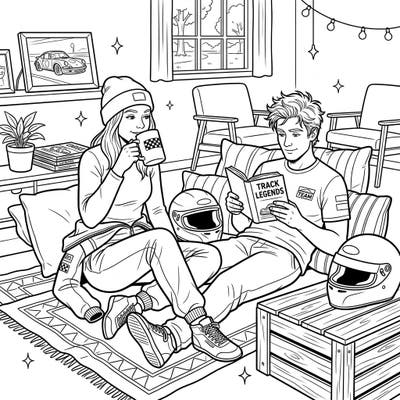 Escape the fast lane with this unique coloring page featuring motor racers unwinding during a cozy weekend. Dive into a scene of relaxation, perfect for adult and teen coloring enthusiasts.