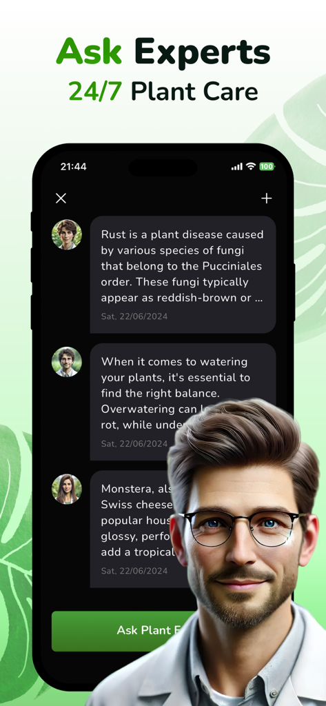 Plant ID & Disease Identifier - A mobile app interface for Plant ID and Disease Identifier showing the Ask Experts 24/7 feature with a plant care chat conversation.