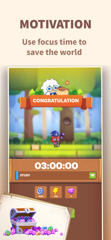 Focus Quest: Study buddy - Interfaz de la aplicación Focus Quest que muestra la finalización de un temporizador de estudio de 3 horas con recompensas de personaje RPG.