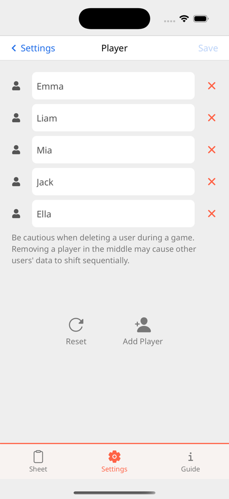 Detective Notes - Interface for managing and adding players in the Detective Notes mystery game app