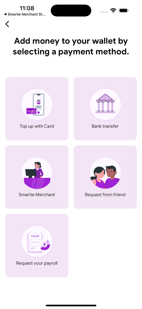 Smartie: The smart way to pay - Smartie app interface showing options to add money to the wallet including card top up bank transfer and payroll request