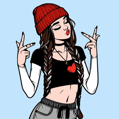 realistic teenage girl with braids and a beanie and crop top doing 🫶🏼