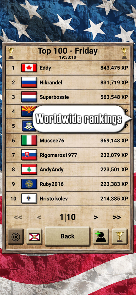 Classifica mondiale che mostra i migliori giocatori e i punteggi XP nel gioco a quiz Geografia USA.