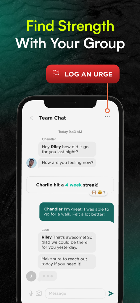 Relay app team chat interface showing an anonymous community group supporting each other with recovery milestones and a button to log an urge