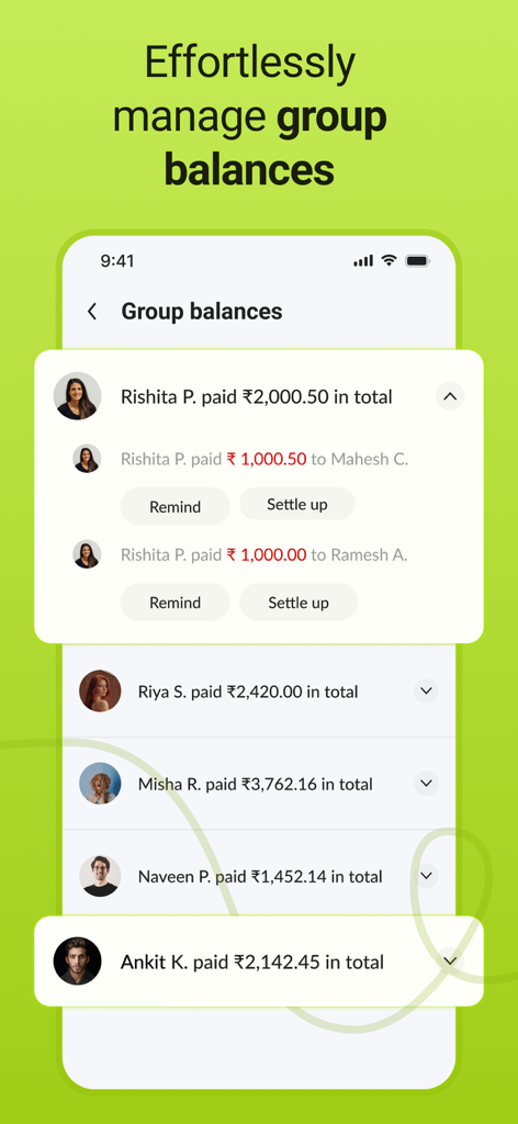 Settle up & Split rent: Splito - Una interfaz móvil para la aplicación Splito que muestra los saldos grupales y las opciones para recordar o saldar deudas con amigos.