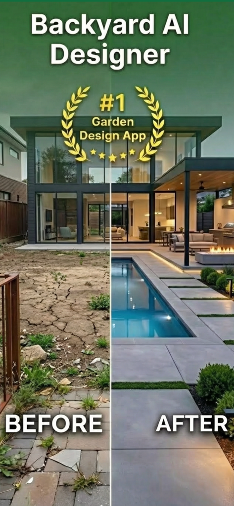 Backyard AI – Landscape Design - Before and after backyard makeover showing a dry yard transformed into a modern patio with a swimming pool